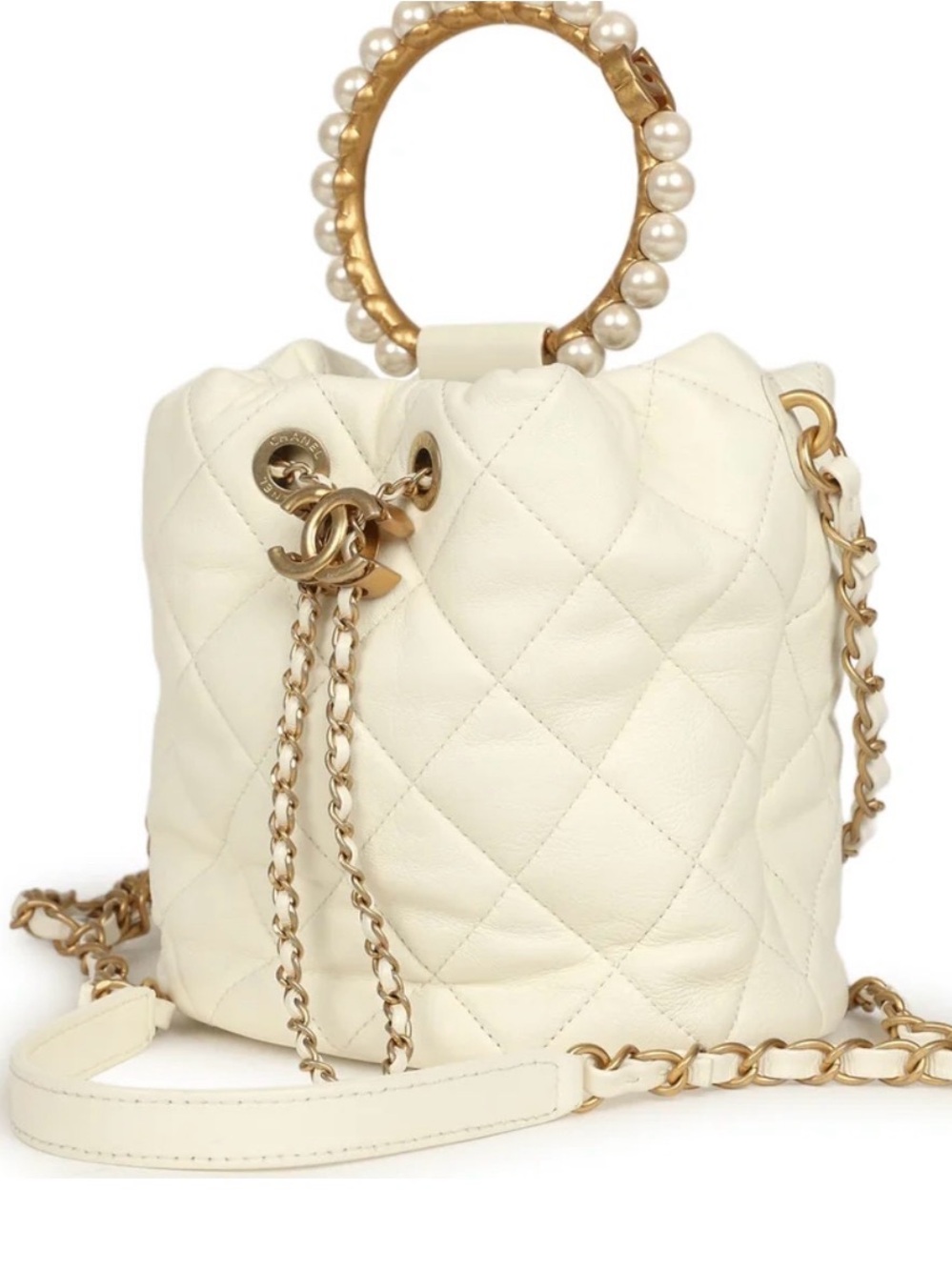 CHANEL 2019 Cream Quilted Pearl-Handle Drawstring Mini Bucket Bag